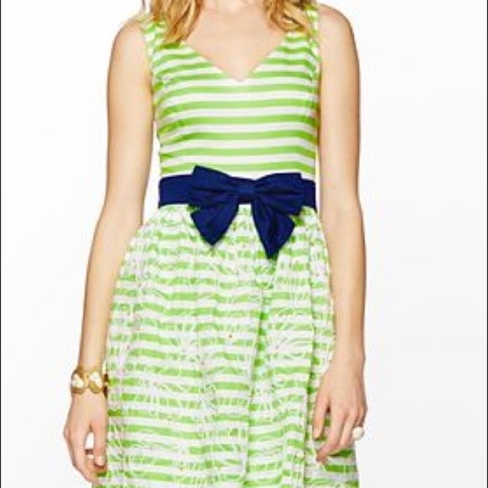 Lilly Pulitzer Roswell Dress Green White Stripe Navy Bow Embroidered Cotton 6